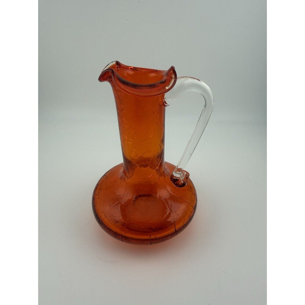 Vintage Pilgrim Crackle Glass Pitcher, Tangerine, Clear Angled Handle, 4” tall